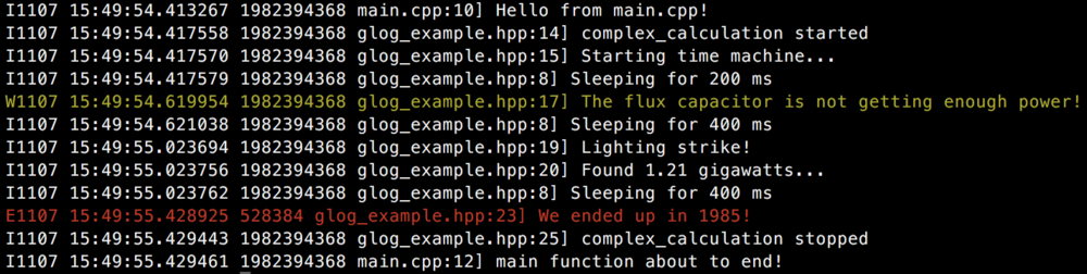 GLOG terminal output with `-alsologtostderr` and `-colorlogtostderr`. The produced logfile looks the same, sans the colors.