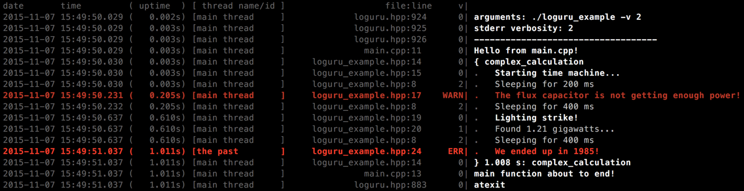 Loguru terminal output. Again, the logfile looks the same but without the colors.
